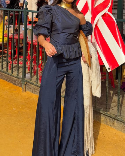 Off-Shoulder Casual Solid-Color Two-Piece Set