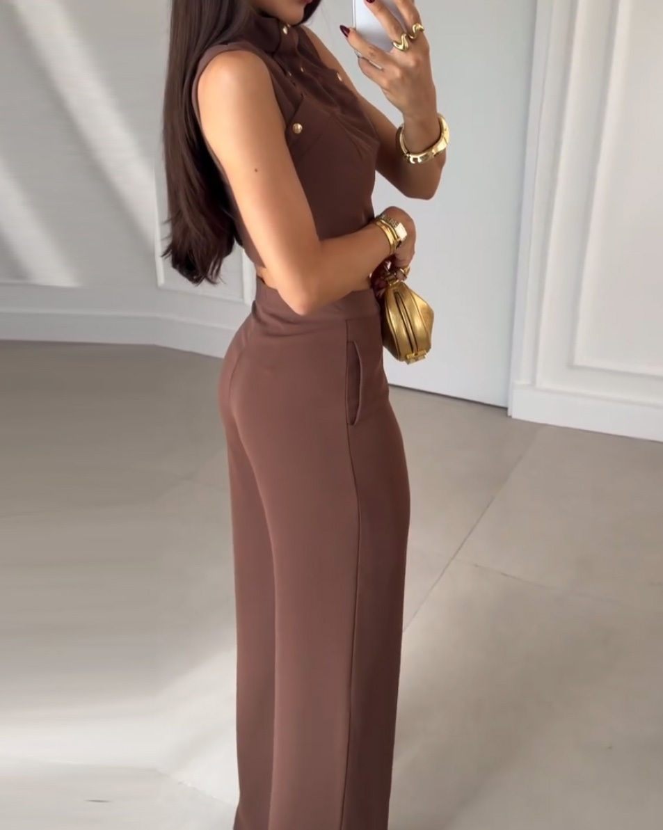 High-Neck Sleeveless Solid Color Two-Piece Set