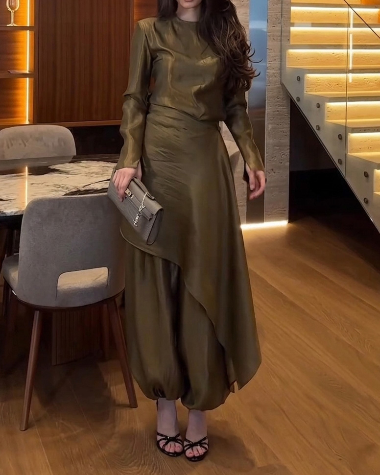 Crew Neck Casual Solid Color Two-Piece Set