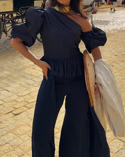 Off-Shoulder Casual Solid-Color Two-Piece Set