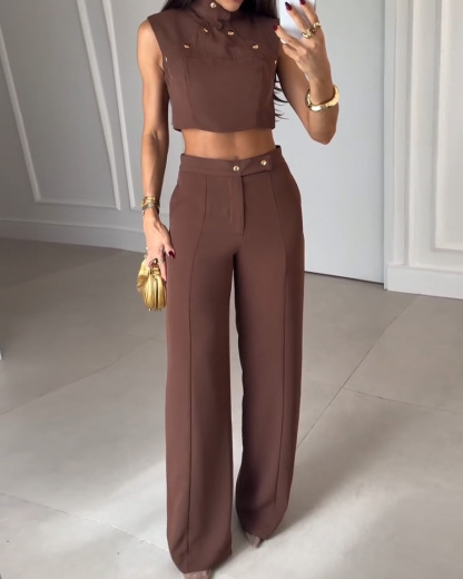High-Neck Sleeveless Solid Color Two-Piece Set