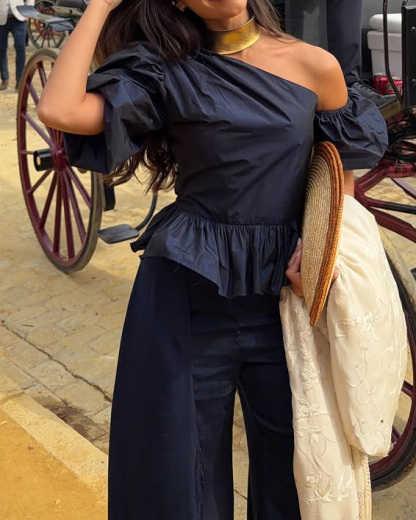 Off-Shoulder Casual Solid-Color Two-Piece Set