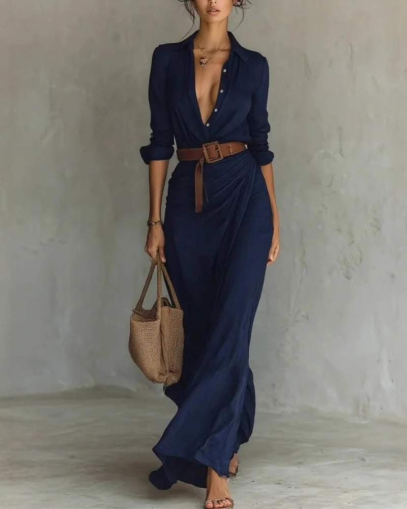 Elegant, Sexy, Solid Color, Irregular Pleats, Belted Dress
