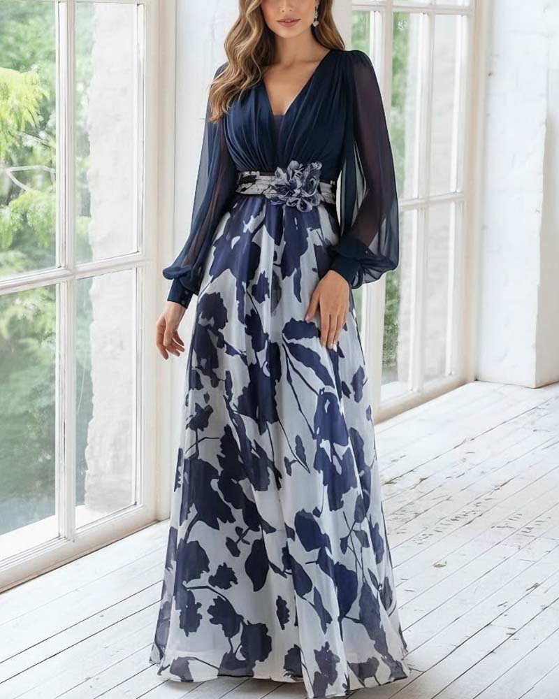 A Line/Princess V-Neck Long Sleeves Floral Dresses