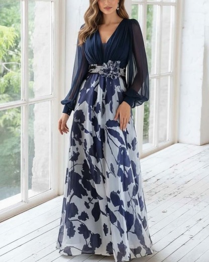 A Line/Princess V-Neck Long Sleeves Floral Dresses