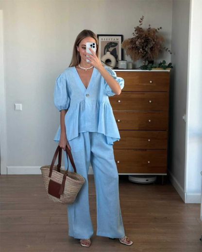 Chic Light Blue V-Neck Peplum Top & Wide Leg Pants Set