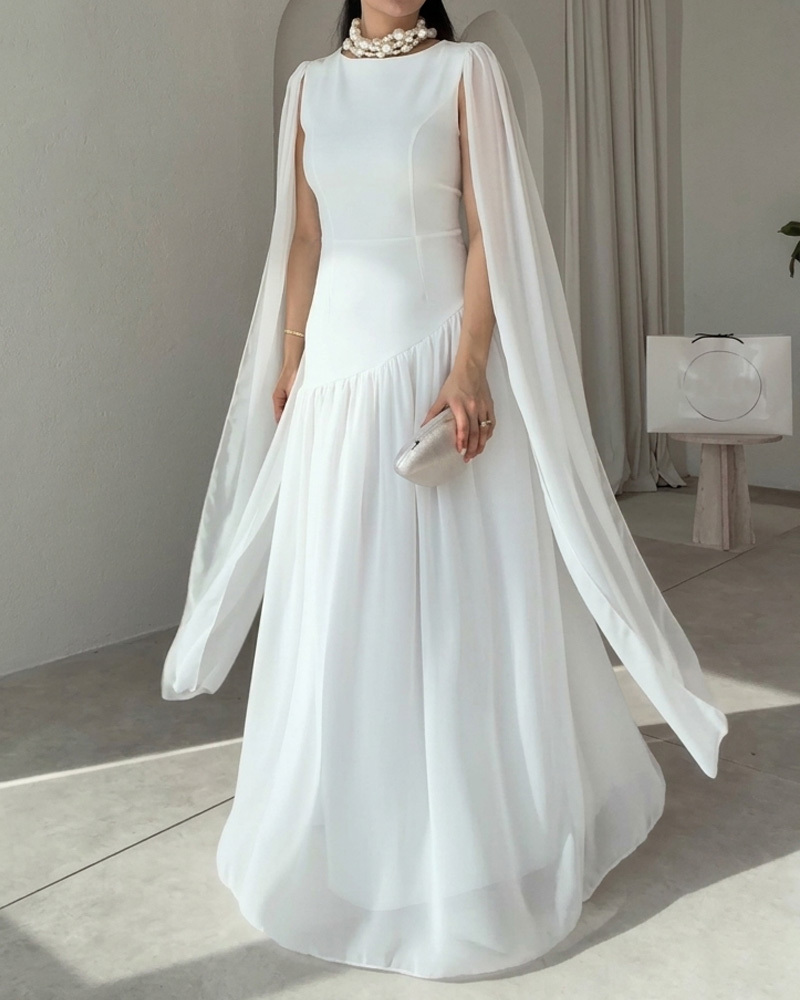 Elegant Shawl-Style Round Neck Solid Color Dress