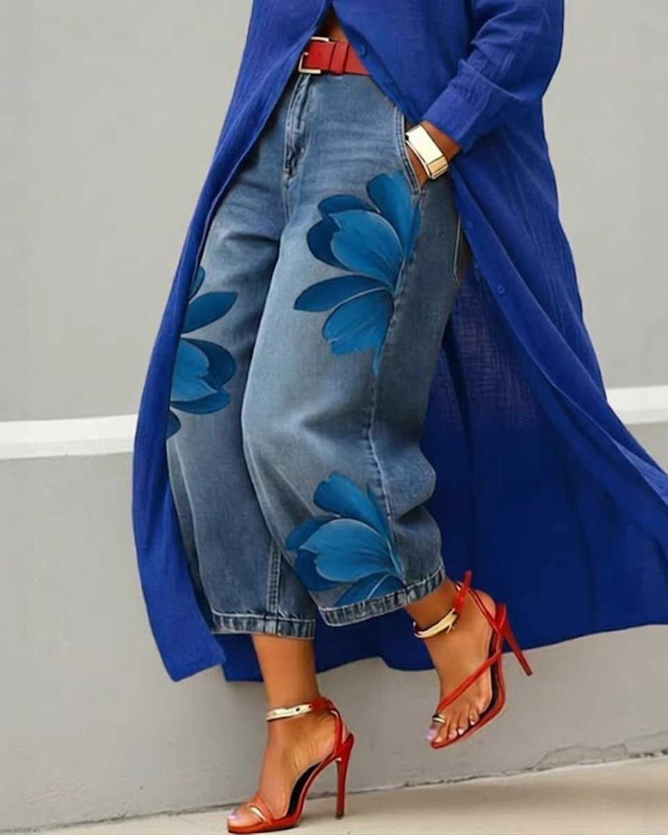 Loose-Fit Printed Denim Trousers