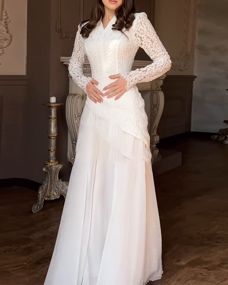 Slimming White Two-Piece Set with Lace Long Sleeves and Cutout Paneling