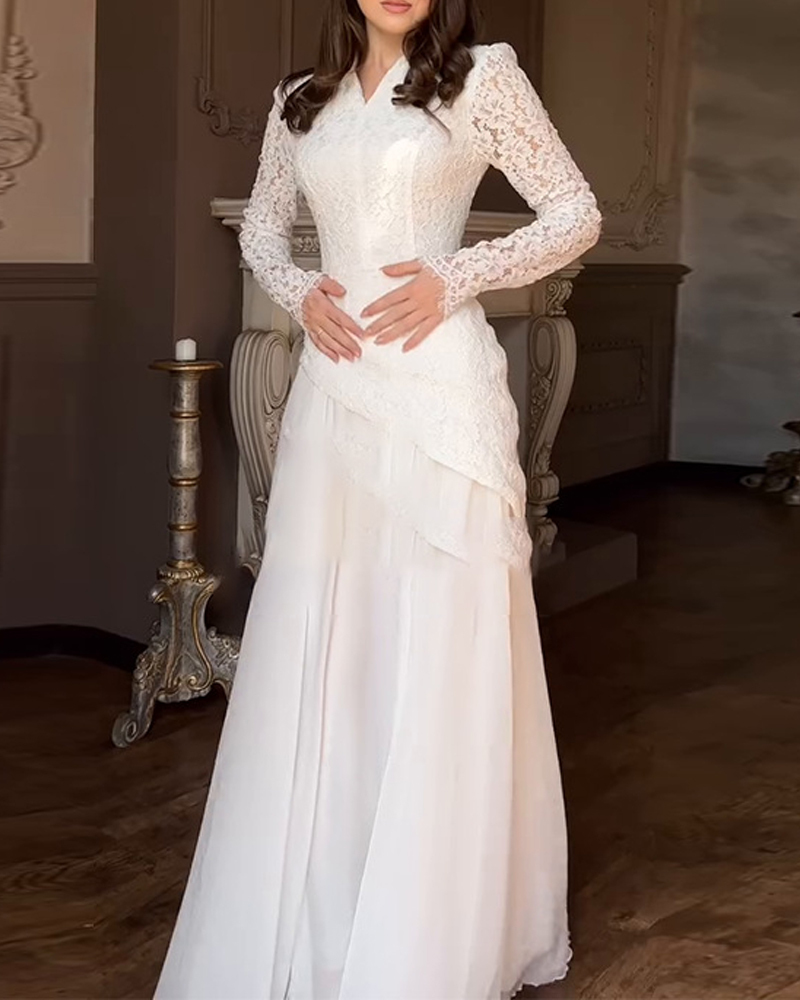 Slimming White Two-Piece Set with Lace Long Sleeves and Cutout Paneling