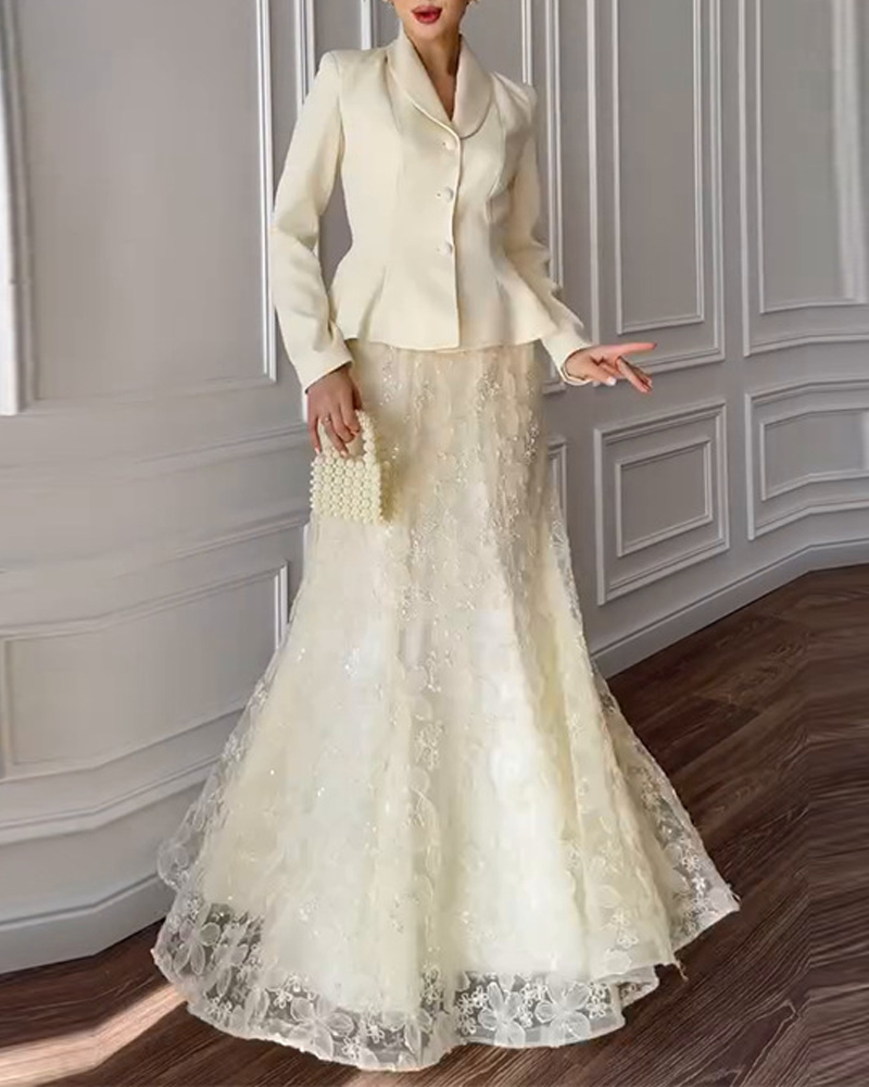 Elegant Long-Sleeve Slim-Fit Dress Set with Lace Trim