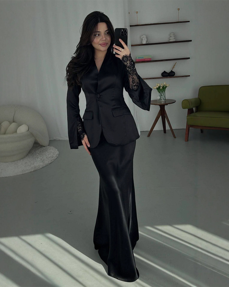 Elegant Two-Piece Set: Slim-Fit Solid-Color Blazer and Satin Maxi Skirt