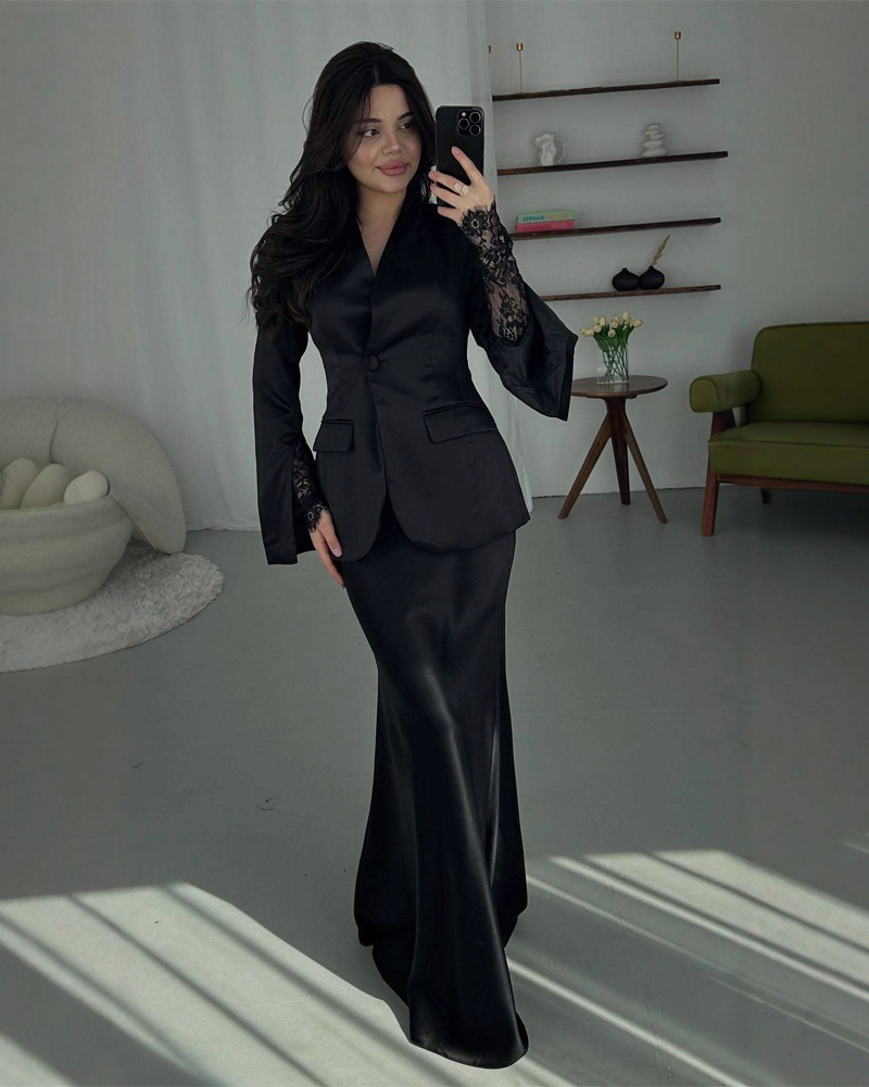 Elegant Two-Piece Set: Slim-Fit Solid-Color Blazer and Satin Maxi Skirt