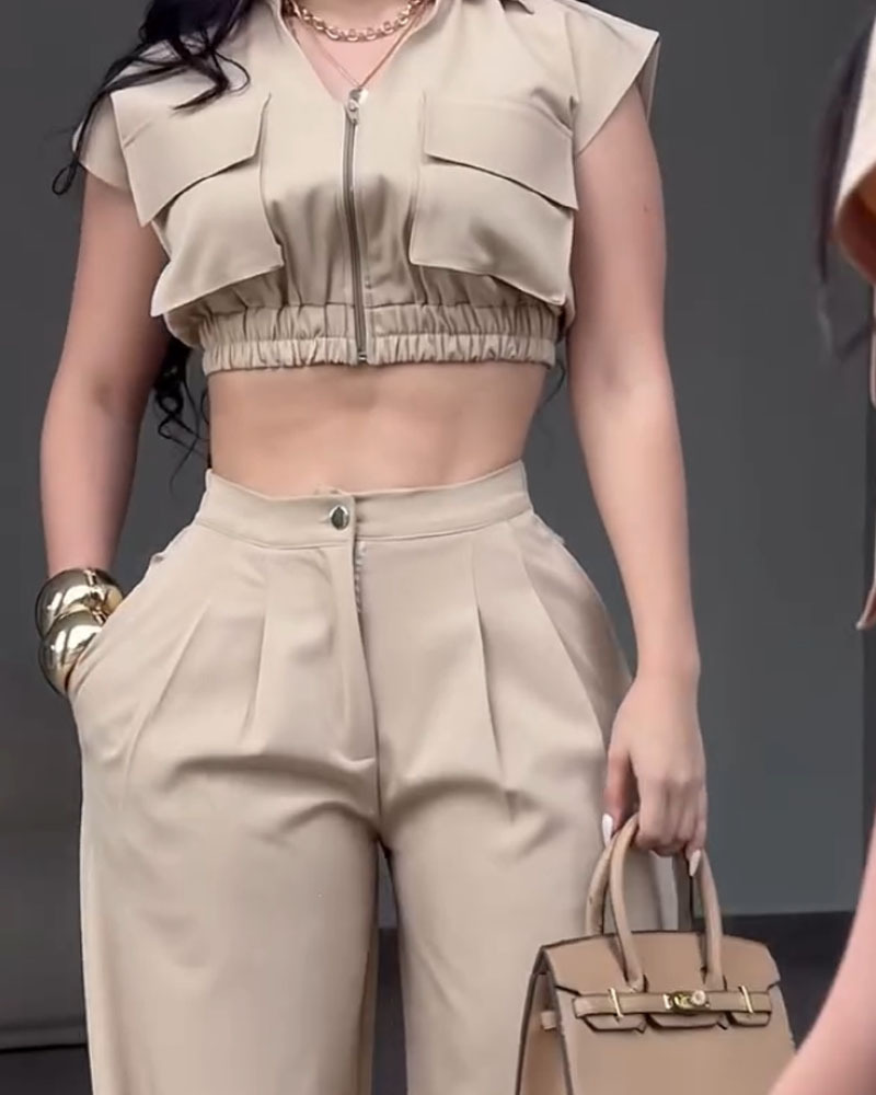 Lapel Casual Solid Color Two-Piece Set