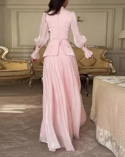 Lantern Sleeve, Fitted Waist, Elegant Two-Piece Suit