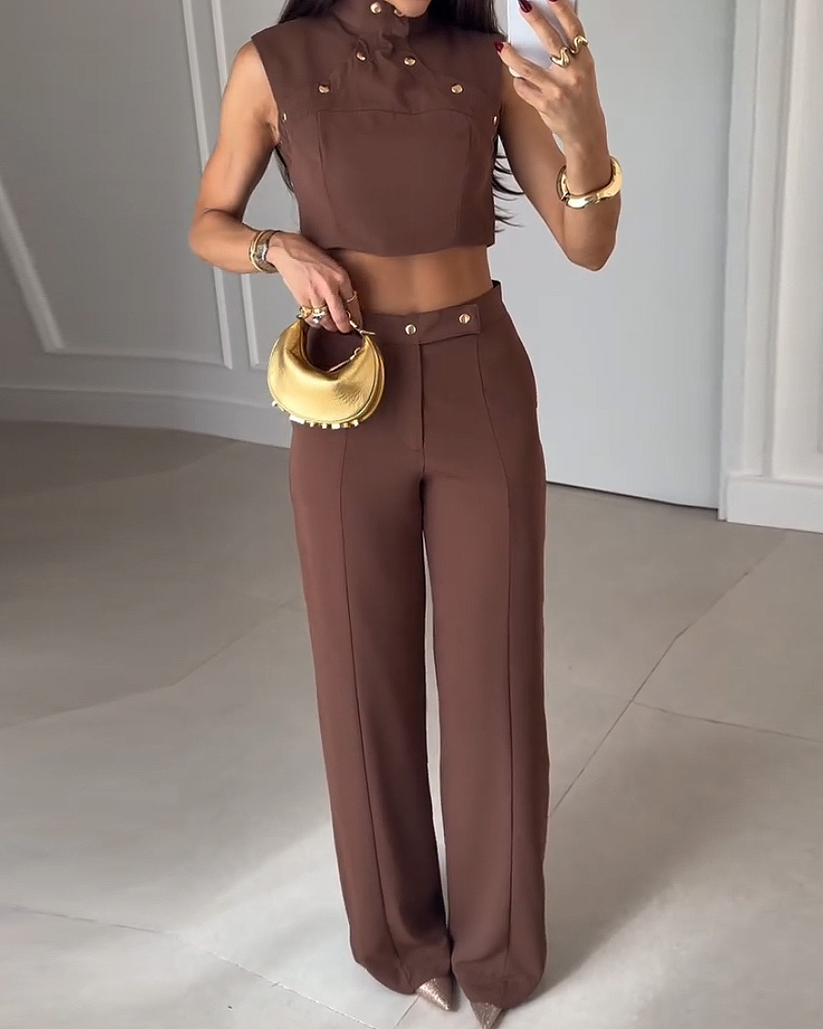 High-Neck Sleeveless Solid Color Two-Piece Set