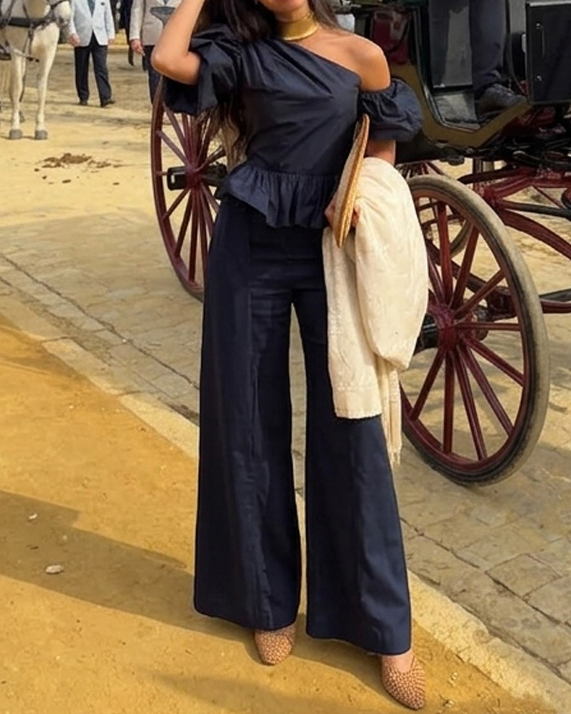 Off-Shoulder Casual Solid-Color Two-Piece Set