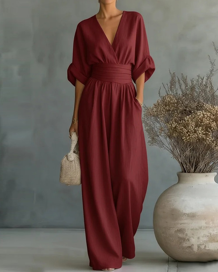 Solid-Color V-Neck Waist-Cinching Jumpsuit