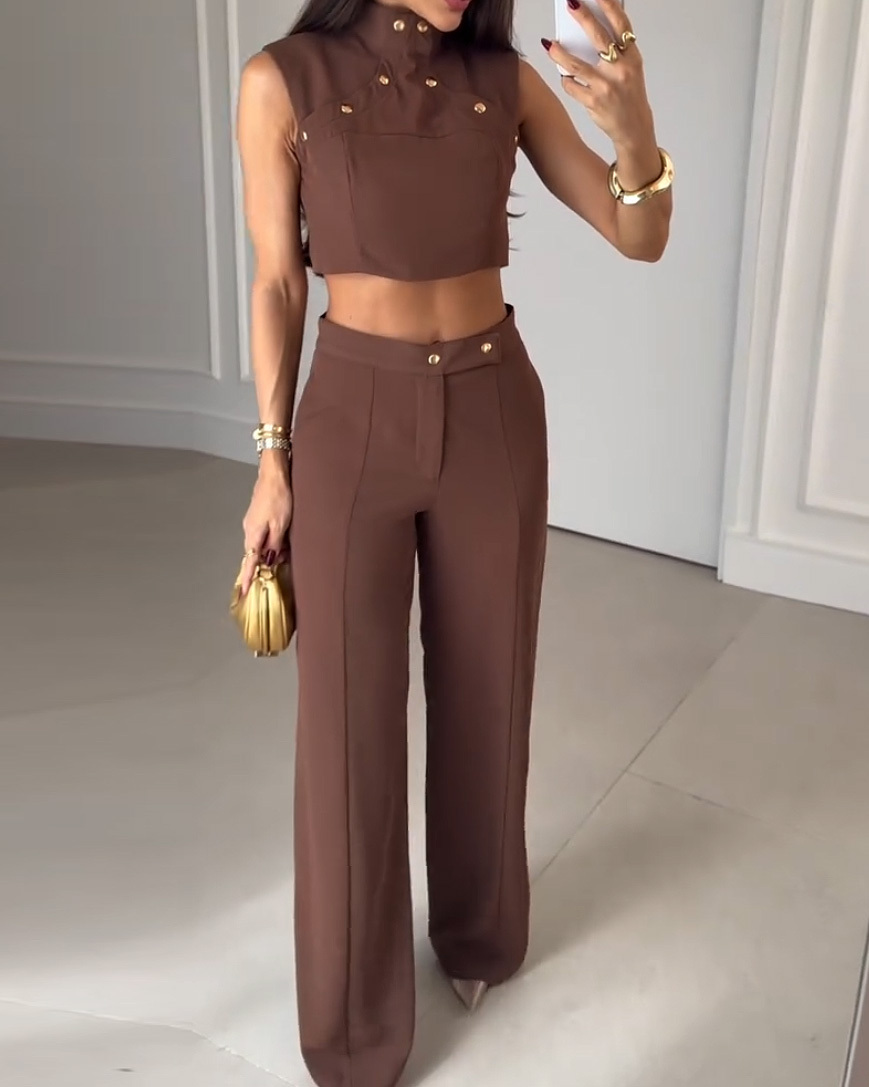 High-Neck Sleeveless Solid Color Two-Piece Set