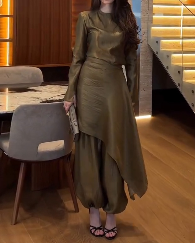Crew Neck Casual Solid Color Two-Piece Set