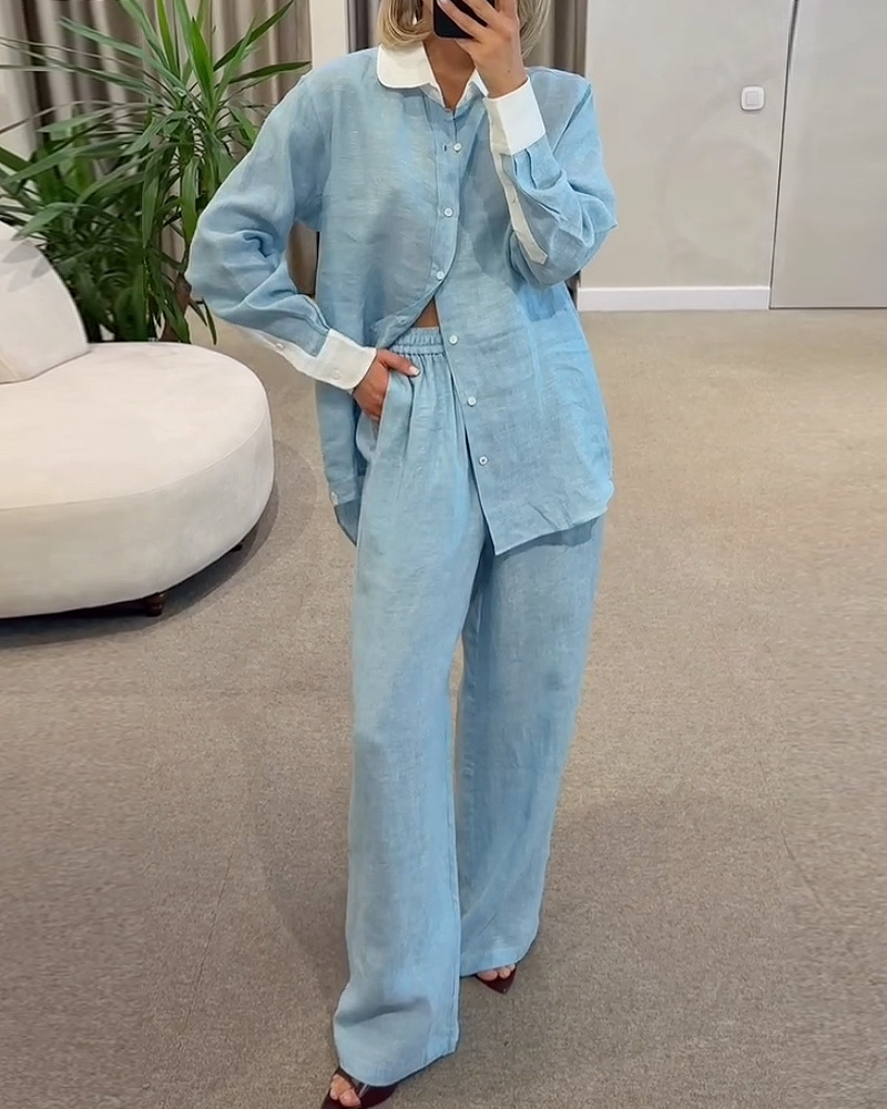 Casual Lapel Two-Piece Set with Color-Block and Solid Panels