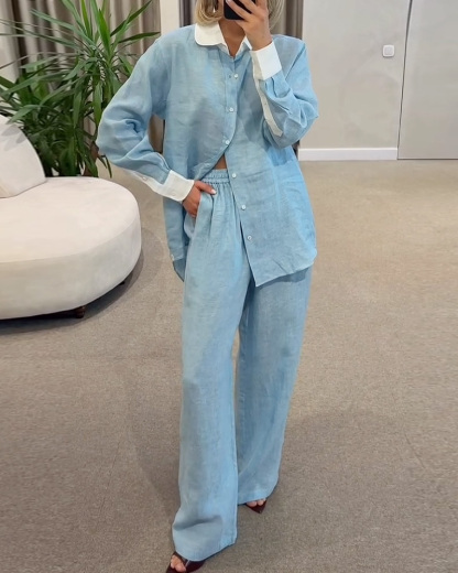 Casual Lapel Two-Piece Set with Color-Block and Solid Panels