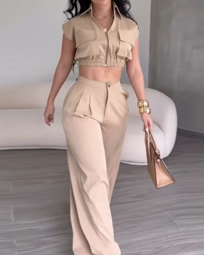 Lapel Casual Solid Color Two-Piece Set