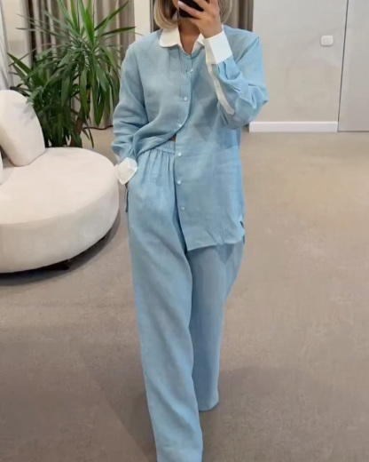 Casual Lapel Two-Piece Set with Color-Block and Solid Panels