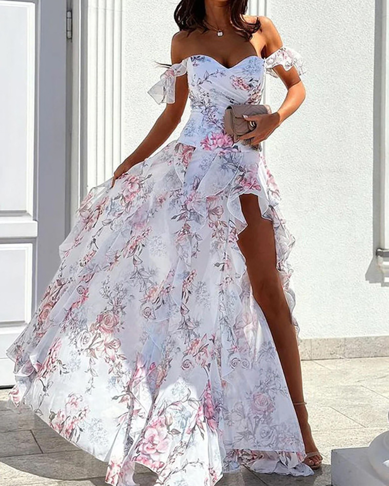 Off-The-Shoulder Chiffon Printed Dress
