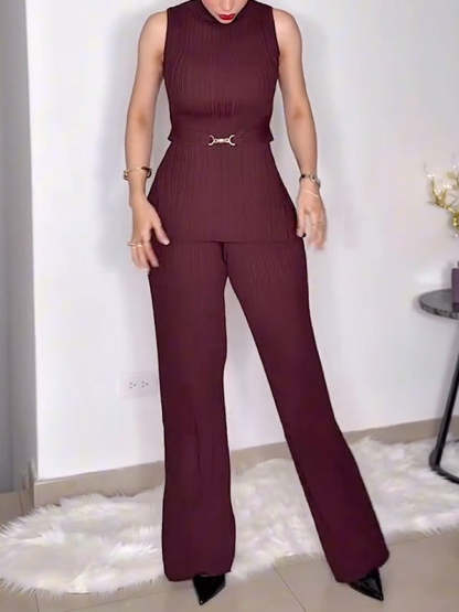 Sleeveless pleated solid color two-piece set