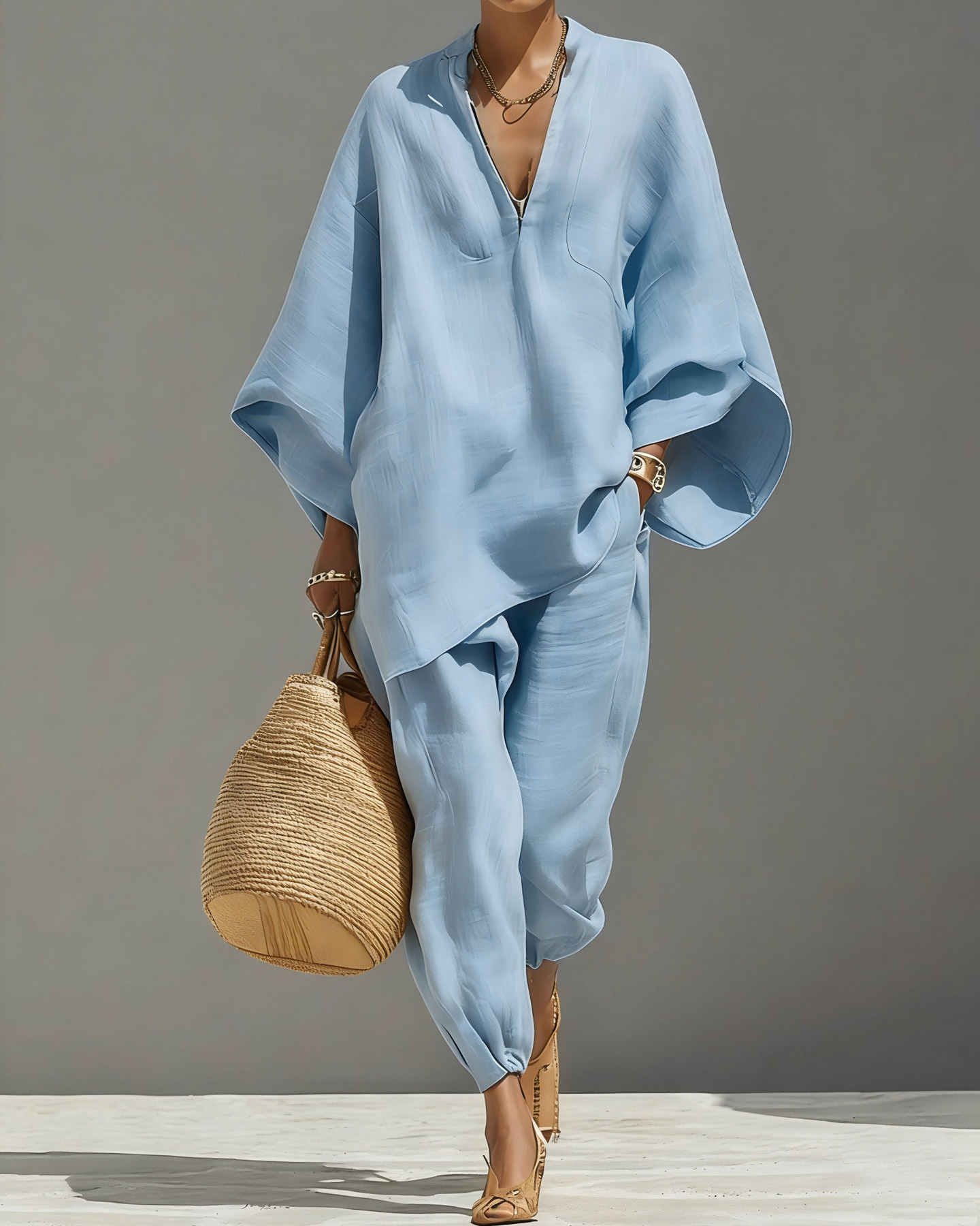 Batwing Sleeve V-Neck Loose-Fitting Suit