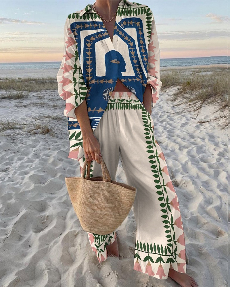 Collared Print Vacation Casual Two-Piece Set