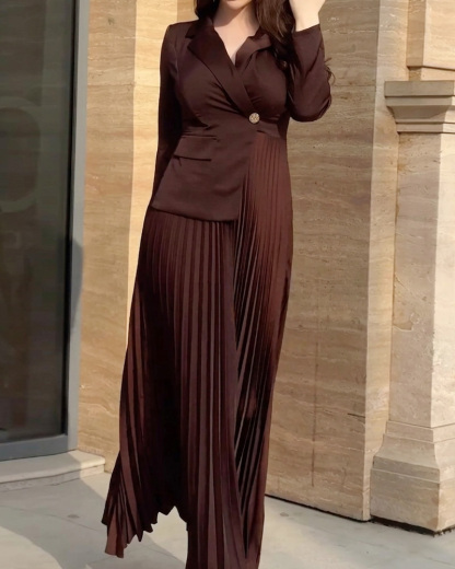 Lapel Pleated Solid Color Dress