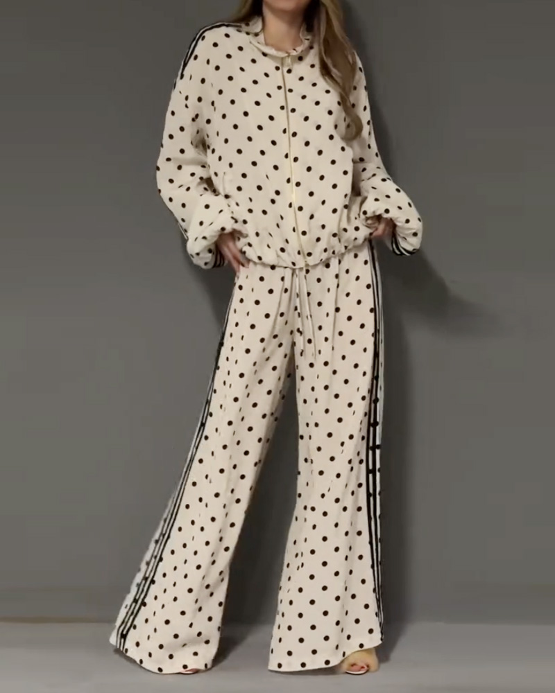 Polka Dot Print Lapel Casual Two-Piece Set