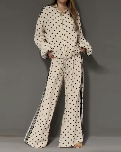 Polka Dot Print Lapel Casual Two-Piece Set