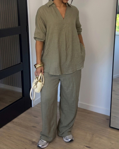 Casual Solid-Color Two-Piece Set with Lapel and Short Sleeves