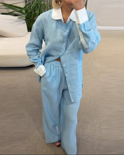 Casual Lapel Two-Piece Set with Color-Block and Solid Panels