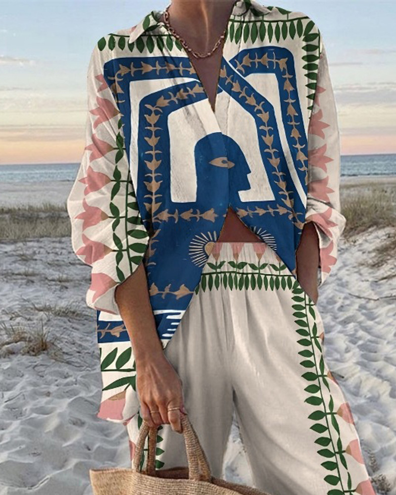 Collared Print Vacation Casual Two-Piece Set