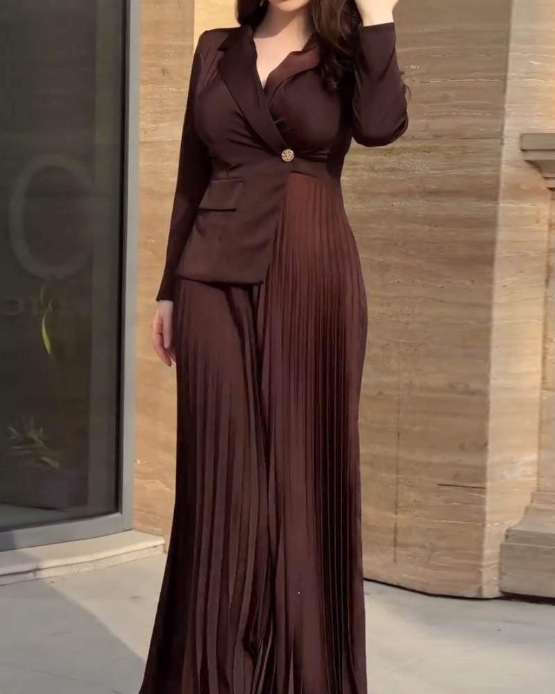 Lapel Pleated Solid Color Dress