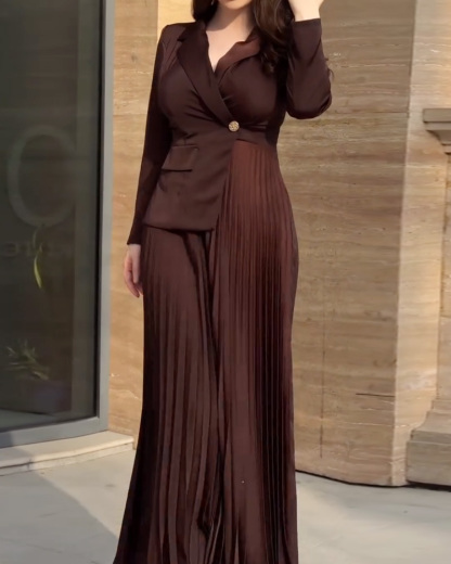 Lapel Pleated Solid Color Dress