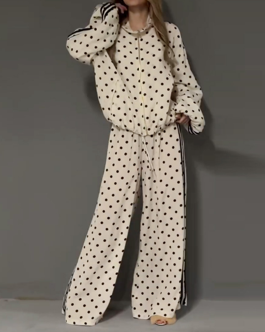 Polka Dot Print Lapel Casual Two-Piece Set