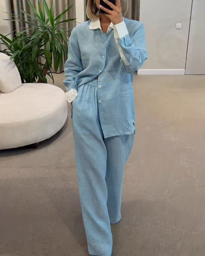 Casual Lapel Two-Piece Set with Color-Block and Solid Panels