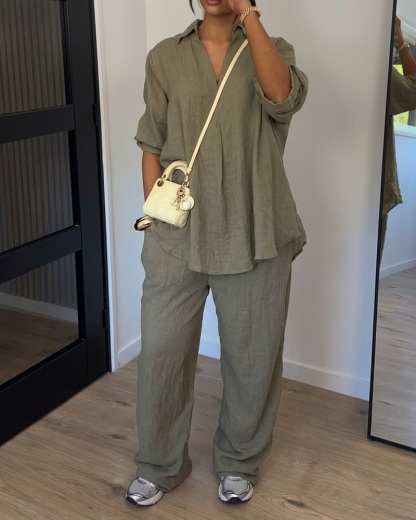 Casual Solid-Color Two-Piece Set with Lapel and Short Sleeves