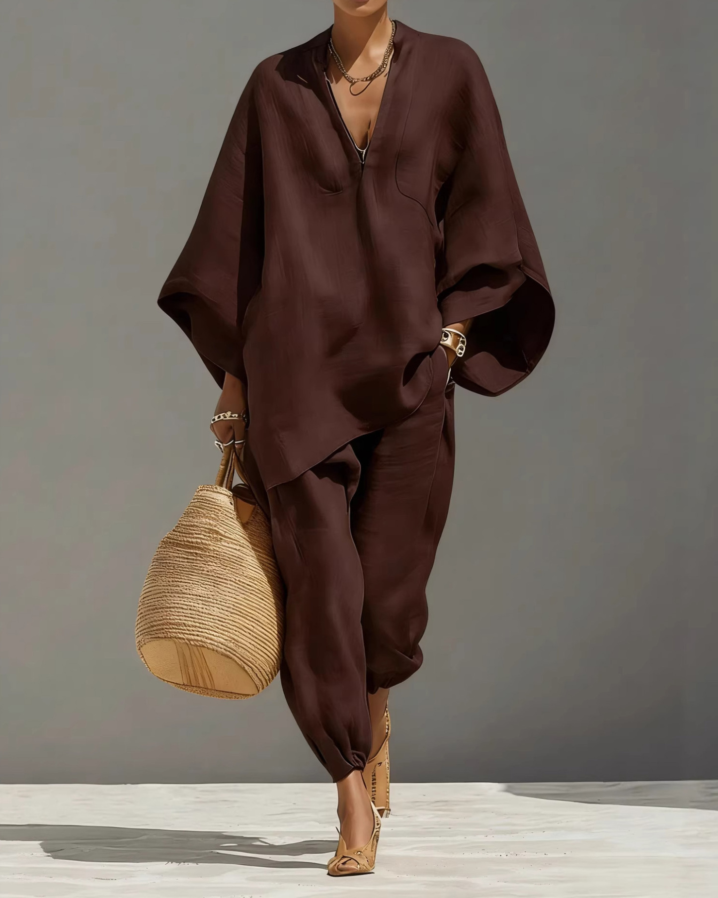 Batwing Sleeve V-Neck Loose-Fitting Suit