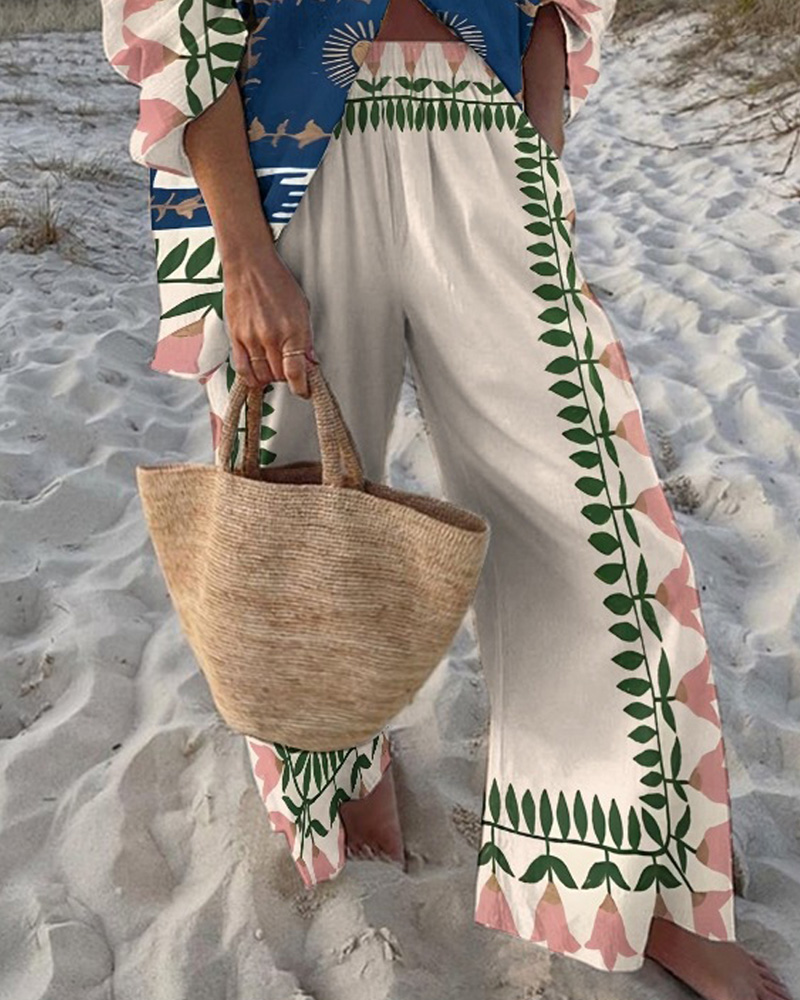 Collared Print Vacation Casual Two-Piece Set