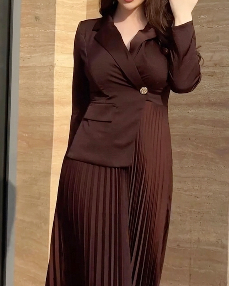 Lapel Pleated Solid Color Dress