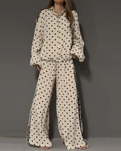 Polka Dot Print Lapel Casual Two-Piece Set