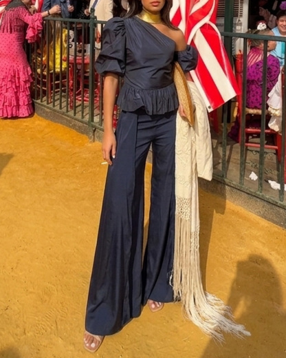 Off-Shoulder Casual Solid-Color Two-Piece Set