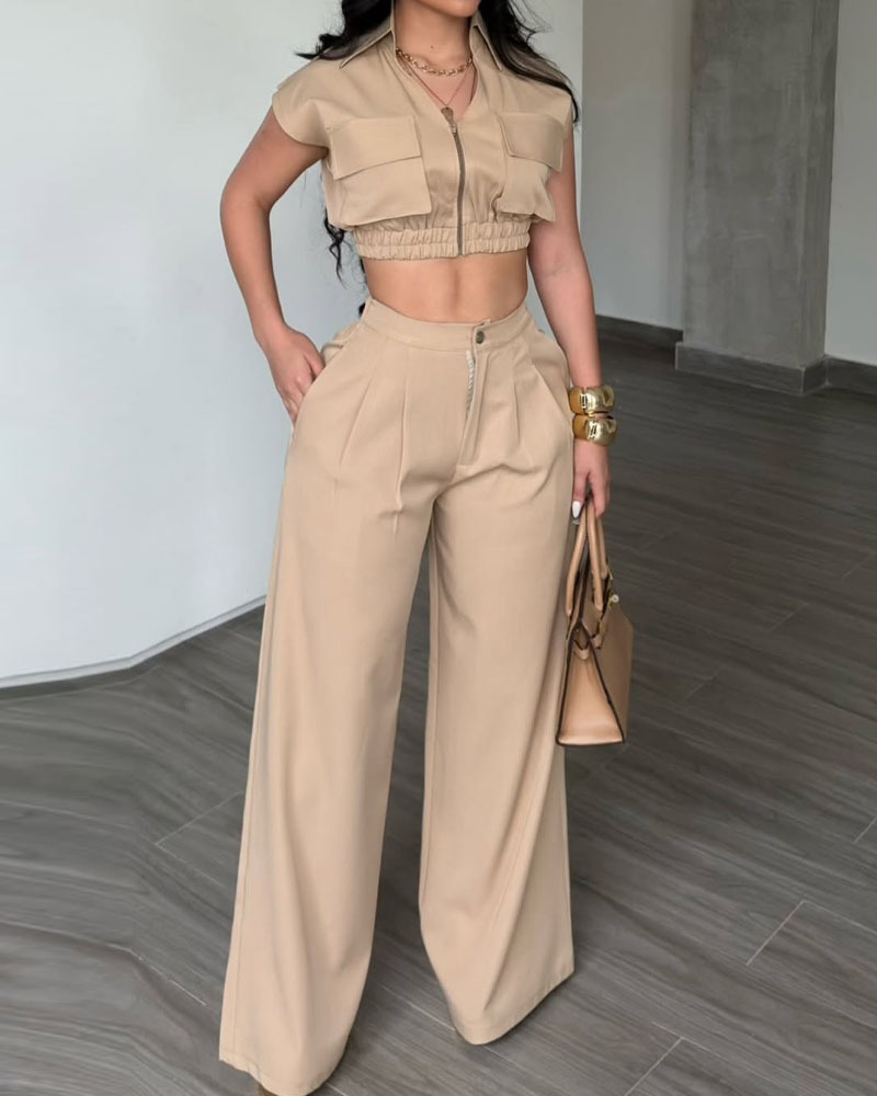 Lapel Casual Solid Color Two-Piece Set