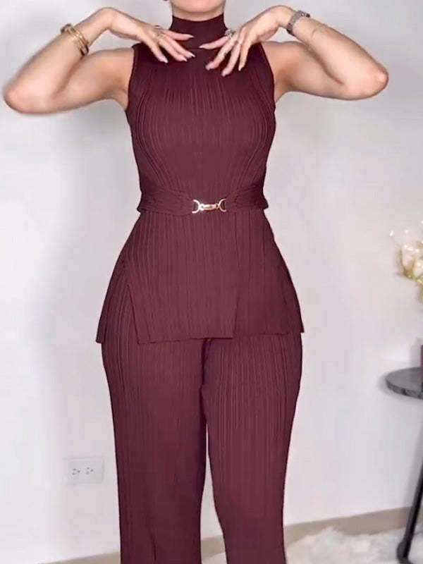 Sleeveless pleated solid color two-piece set